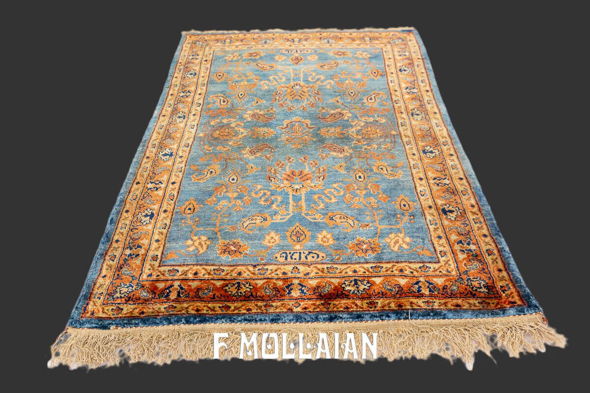 Tapis Persan Kashan Soie Couleur Bleu Céleste n°:270028